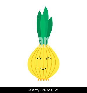 Cute, funny cartoon onion character. Emotions. Food smilie. Vector illustration for children. Stock Vector