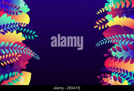 Trendy neon gradient plants and leaves background in flat style with space for text. Tropical foliage and flowers. Autumn, spring and summer nature pa Stock Vector