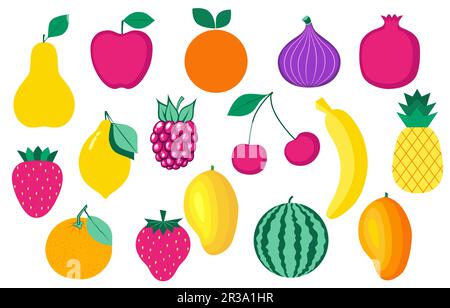 Set of organic fruits and berries isolated on white background. Healthy lifestyle. Vector illustration in flat style. Stock Vector