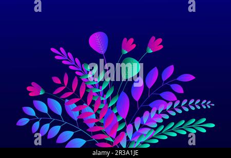 Trendy neon gradient plants and leaves background in flat style with space for text. Tropical foliage and flowers. Autumn, spring and summer nature pa Stock Vector