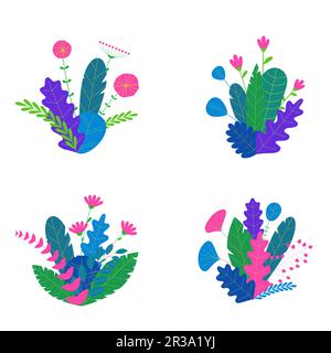 Trendy neon gradient plants and leaves background in flat style. Trees, summer and spring flowers, bushes. Forest, garden or tropical jungle backdrop. Stock Vector
