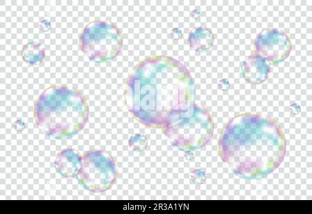 Set of realistic transparent colorful soap  bubbles with rainbow reflection isolated on checkered background. Vector texture. Stock Vector