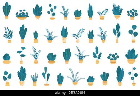 Set house plants and flowers in ceramic pots. Flat style home plants and leaves on white background. Hygge style. Trendy vector botanical elements. Stock Vector