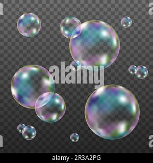 Set of realistic transparent colorful soap  bubbles with rainbow reflection isolated on checkered background. Vector texture. Stock Vector