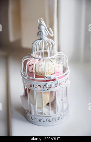 Various macaroons in a decorative bird cage Stock Photo