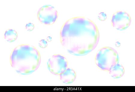 Set of realistic transparent colorful soap  bubbles with rainbow reflection isolated on checkered background. Vector texture. Stock Vector