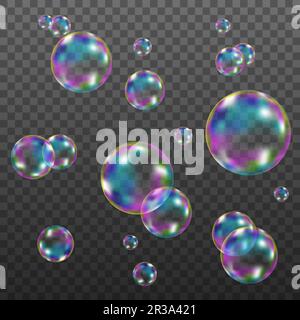 Set of realistic transparent colorful soap  bubbles with rainbow reflection isolated on checkered background. Vector texture. Stock Vector