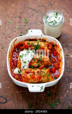 Cabbage wraps with a tomato and vegetable sauce and yoghurt Stock Photo