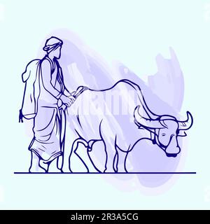Indian farmer line art vector silhouette Stock Photo - Alamy