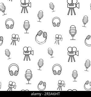 Music and video related seamless pattern with outline icons on white background. Microphone headphones and camera print Stock Vector