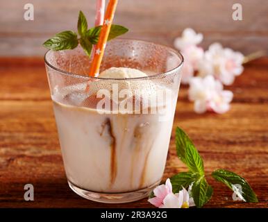 Almond milk with vanilla ice cream and coffee ice cubes in a glass with a straw and mint Stock Photo