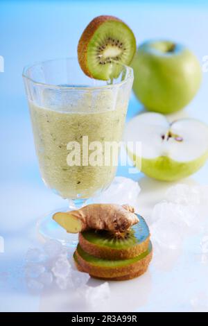 Apple and ginger smoothies with kiwi and cucumber Stock Photo