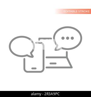 Online chatting, laptop and phone chat bubble. Line vector icon. Stock Vector