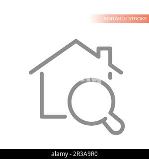 House hunting, searching for home line vector icon. Real estate, buying house with magnifying glass outline. Stock Vector