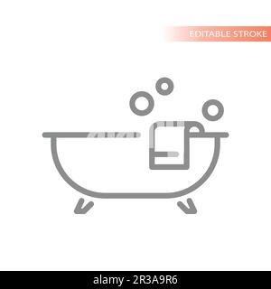 Bathtub with towel and bubbles thin line vector icon. Outline bath tub, editable stroke. Stock Vector