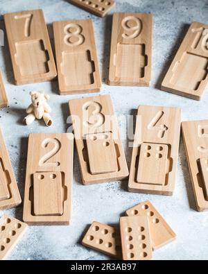 Wooden counting and writing trays - learning resource for educating littles on number writing, fine Stock Photo