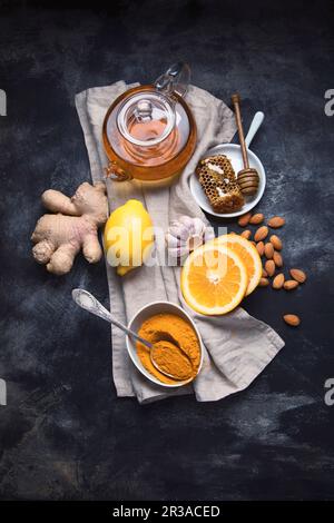 Food to boost immune system on black background Stock Photo