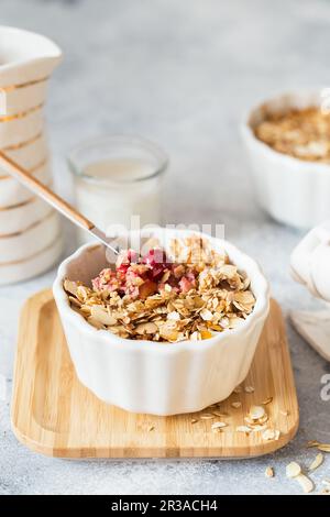 Cherry and Apricot crumble pie. Fruit Crumble with Any Kind of Fruit. Dessert with fruits, oatmeal a Stock Photo