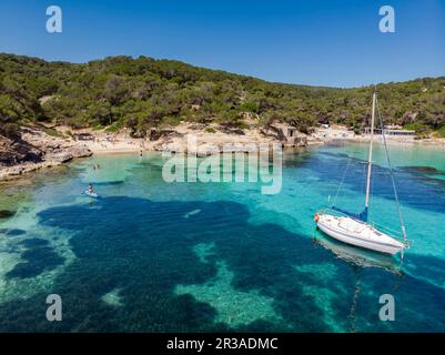 sailboat at anchor, Cala Portals Vells, Calvia, Mallorca, Balearic Islands, Spain. Stock Photo