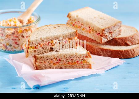 Sandwiches filled with homemade sausage spread with celery and peppers Stock Photo