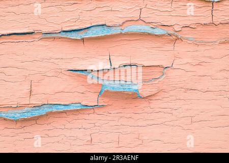 Cracking and peeling pink paint on a wall. Vintage wood background with peeling paint. Old board wit Stock Photo