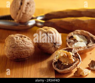 Walnuts (Juglans regia), whole and opened, with a nutcracker Stock Photo