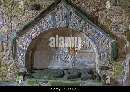 Alasdair Crotach's Wall Tomb, St Clement’s Church, Rodel, Harris, Isle of Harris, Hebrides, Outer Hebrides, Western Isles, Scotland, United Kingdom Stock Photo