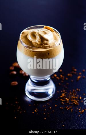 Dalgona coffee - whipped instant coffee mousse in the glass Stock Photo