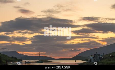 Sunset over North Harbour, Scalpay of Harris, Hebrides, Outer Hebrides, Western Isles, Scotland, United Kingdom, Great Britain Stock Photo