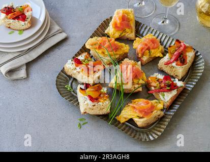 Two types of party canapés on a platter Stock Photo
