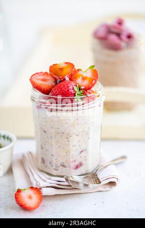 Overnight oats with strawberries Stock Photo
