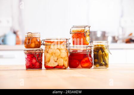 The jars of delicious homemade pickled vegetables Stock Photo