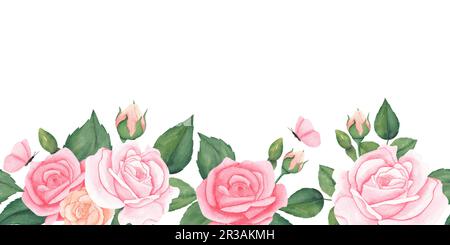 watercolor pastel pink peach roses frame with leaves. Art for design ...