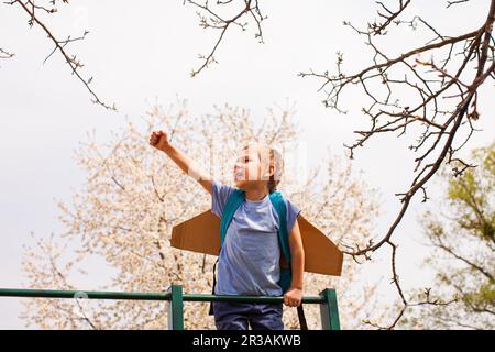 Portrait of cute boy on climbing frame holding hand up Stock Photo