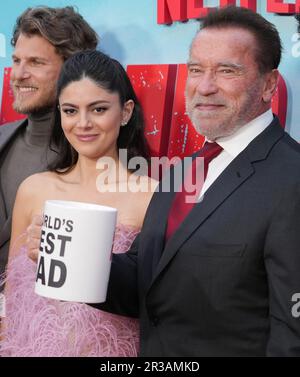 (L-R) Monica Barbaro and Arnold Schwarzenegger at the Netflix's FUBAR Los Angeles Premiere held at The Grove in Los Angeles, CA on Monday, ?May 22, 2023. (Photo By Sthanlee B. Mirador/Sipa USA) Stock Photo