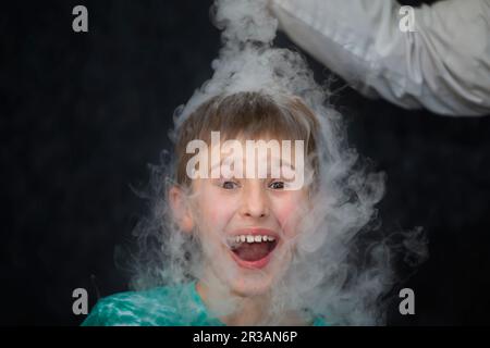 Chemical experiment, show with liquid nitrogen . Steam of