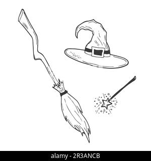 Magic doodle set includes: a bundle, a wizard's hat, a broom for flying, a fortune teller's crystal ball Stock Vector