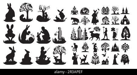 Silhouettes of people and animals in different shapes and sizes vector. Stock Vector
