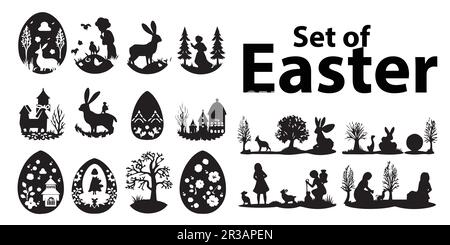 A set of silhouettes of easter eggs and a bunny. Stock Vector