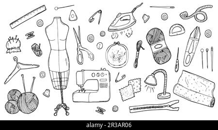 Sewing and tailoring tools, Sewing mannequin, machine, measuring and cutting supplies, Black outline vector round concept Stock Vector