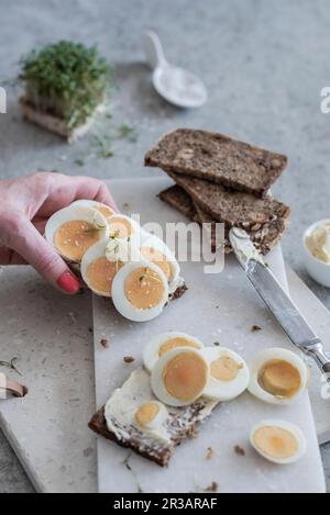 A hand holding a slice of bread topped with hard-boiled eggs Stock Photo