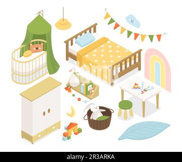 Baby room furniture - modern vector colorful isometric illustrations set Stock Vector