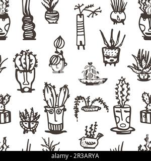 Seamless pattern Black Ceramic pots with cactus comic faces. Different doodle emotions characters. Plant ceramics. Pottery vases trendy concept Stock Vector