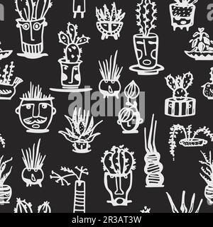 Seamless pattern White Ceramic pots with cactus comic faces. Different doodle emotions characters. Plant ceramics. Pottery vases trendy concept Stock Vector