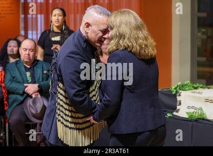 23 May 2023, Saxony, Leipzig: Te Herekie Herewini, Repatriation at the Museum for New Zealand Te Papa Tongarewa, and Leontine Meijer-van Mensch, Director of the Staatliche Ethnographische Sammlungen Sachsen, place their foreheads together during a return ceremony for Maori and Moriori human remains. In a solemn ceremony at the Grassi Museum für Völkerkunde in Leipzig, Germany, indigenous remains were handed over to a delegation of M·ori from New Zealand and Moriori from the Chatham Islands. The bones and hair samples of 64 people were in the possession of the State Ethnographic Collections (SE Stock Photo