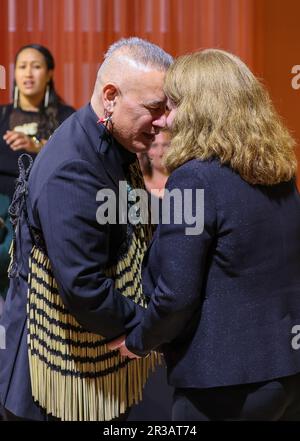 23 May 2023, Saxony, Leipzig: Te Herekie Herewini, Repatriation at the Museum for New Zealand Te Papa Tongarewa, and Leontine Meijer-van Mensch, Director of the Staatliche Ethnographische Sammlungen Sachsen, place their foreheads together during a return ceremony for Maori and Moriori human remains. In a solemn ceremony at the Grassi Museum für Völkerkunde in Leipzig, Germany, indigenous remains were handed over to a delegation of M·ori from New Zealand and Moriori from the Chatham Islands. The bones and hair samples of 64 individuals were in the possession of the State Ethnographic Collection Stock Photo