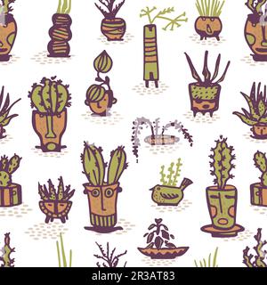 Seamless pattern Color Ceramic pots with cactus comic faces. Different doodle emotions characters. Plant ceramics. Pottery vases trendy concept Stock Vector