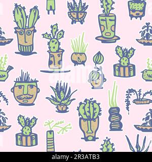 Seamless pattern. Stickers Ceramic pots with cactus comic faces. Different doodle emotions characters. Plant ceramics. Pottery vases trendy concept Stock Vector
