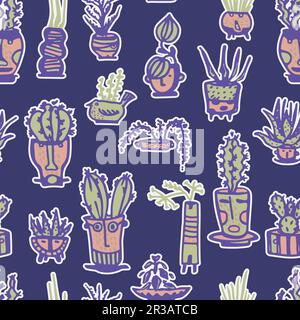 Seamless pattern. Stickers Ceramic pots with cactus comic faces. Different doodle emotions characters. Plant ceramics. Pottery vases trendy concept Stock Vector