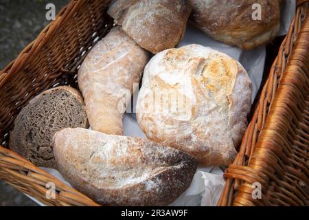 Various fresh bread rolls in a wicker basket Stock Photo